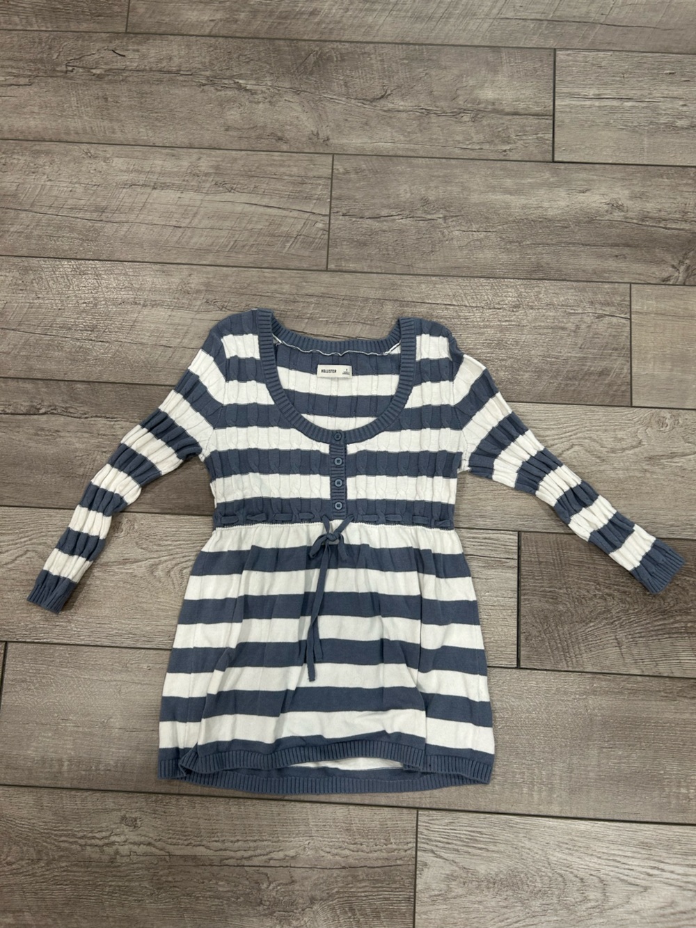 Hollister Blue and White Striped Ribbed Knit Babydoll Sweater